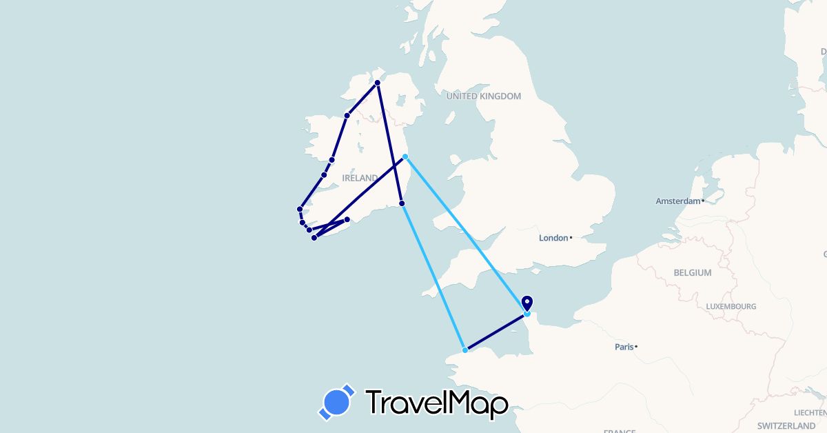 TravelMap itinerary: driving, boat in France, United Kingdom, Ireland (Europe)